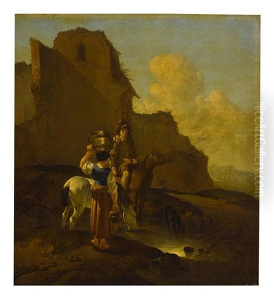 An Italianate Landscape With Two Peasants And Horses Near Ruins Oil Painting by Karel Dujardin