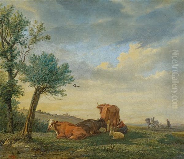 Landschaft Mit Vieh Und Pflugenden Bauern Oil Painting by Karel Dujardin