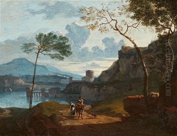 Southern River Landscape With A Castle And Shepherds Oil Painting by Karel Dujardin