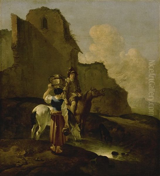 An Italianate Landscape With Two Peasants And Horses Near Ruins Oil Painting by Karel Dujardin