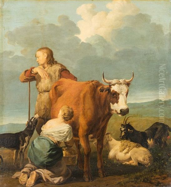 Pastorale Mit Hirtenpaar Und Tieren Oil Painting by Karel Dujardin