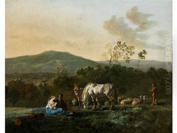 Hirten Mit Herde In Einer Italienischen Landschaft Oil Painting by Karel Dujardin