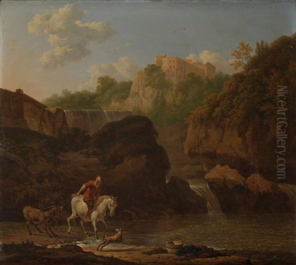 Cavalier Et Son Ane Pres D'une Cascade Pres De Tivoli Oil Painting by Karel Dujardin