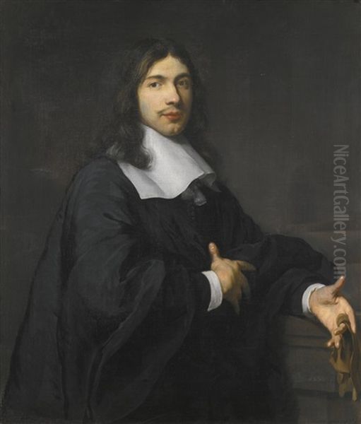 Portrait Of A Gentleman, Three Quarter Length, Standing, Wearing A Black Cloak With A Large Flat Collar And Tassels, And Holding A Pair Of Gloves Oil Painting by Karel Dujardin