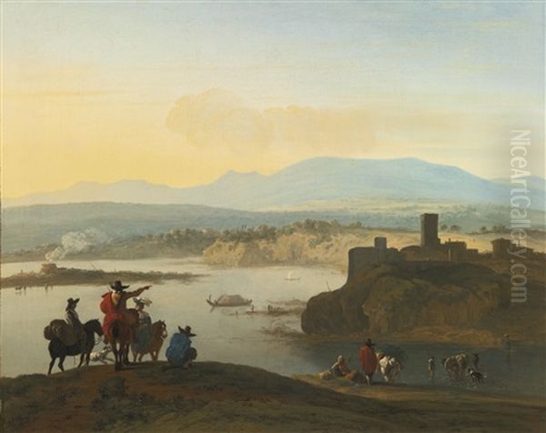 Extensive Italianate Landscape With An Elegant Company And A Lime Kiln Oil Painting by Karel Dujardin