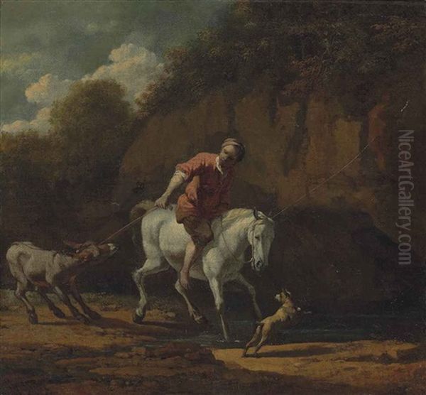 A Rocky, Wooded Landscape With A Man On A Horse Pulling A Donkey Across A Stream Oil Painting by Karel Dujardin