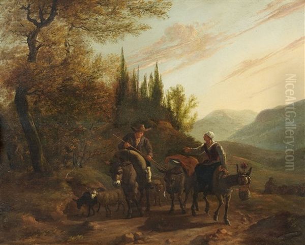 Landscape With A Peasant Couple Riding Donkeys by Karel Dujardin