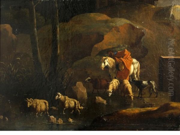 A Landscape With A Shepherd And His Flock By A Stream Oil Painting by Karel Dujardin