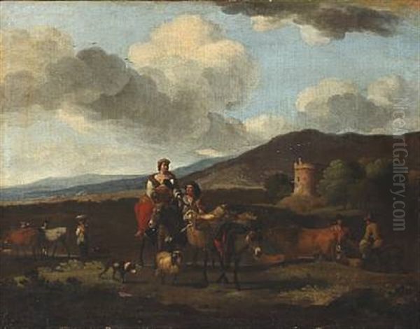 Italian Landscape. In The Foreground A Peasant Woman Riding A Donkey. In The Background A Tower Oil Painting by Karel Dujardin