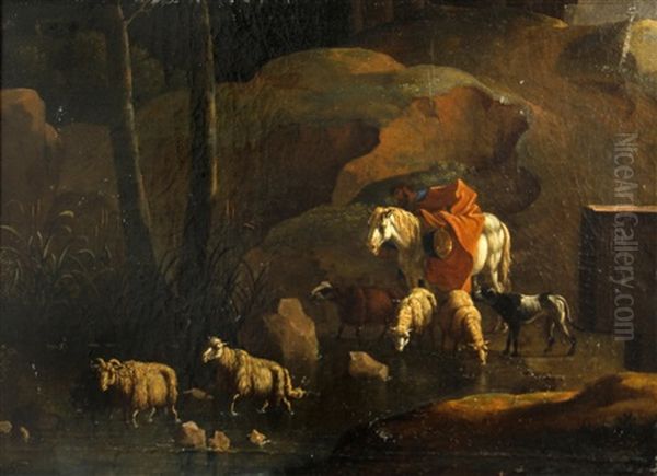 A Landscape With A Shepherd And His Flock By A Stream Oil Painting by Karel Dujardin