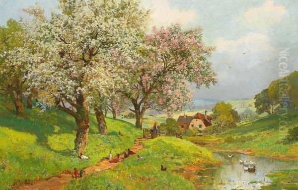 Hugelige Landschaft Mit Bluhenden Obstbaumen, Gehoft Und Federvieh An Einem Prachtvollen Fruhlingstag Oil Painting by Alwin Arnegger