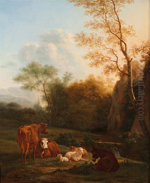 Landschaft Mit Esel, Kuhen Und Schafen Oil Painting by Karel Dujardin