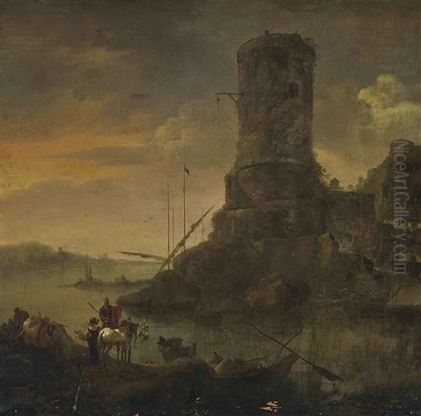 An Italianate River Landscape With Travellers On A Bank, A Classical Tower Beyond Oil Painting by Karel Dujardin