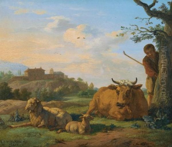 A Landscape With A Herder, A Cow, A Ewe, And A Lamb, A Hilltop Beyond Oil Painting by Karel Dujardin