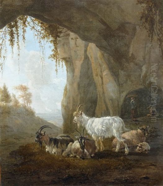 Troupeau De Chevres Dans Un Paysage De Grotte Oil Painting by Karel Dujardin