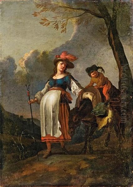 Schwangere Frau Mit Esel Und Kind Oil Painting by Karel Dujardin