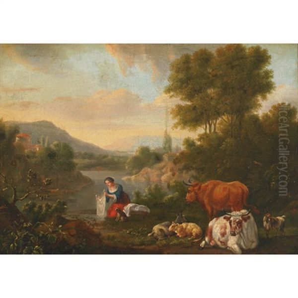 Washerwoman With Her Dog, Cattle, Sheep And Goats By A River With A Town Beyond Oil Painting by Karel Dujardin