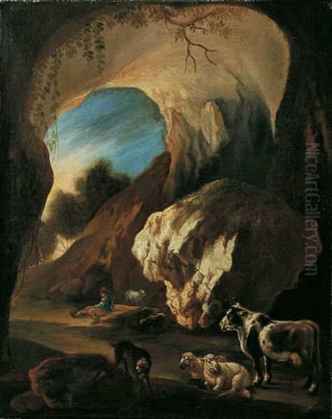 Ein Hirte Mit Vieh In Einer Grotte Oil Painting by Karel Dujardin