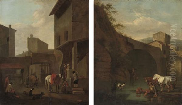 Travellers With Their Horses Resting By A Well (+ An Italianate Landscape With A Drover And His Cattle; Pair) Oil Painting by Karel Dujardin