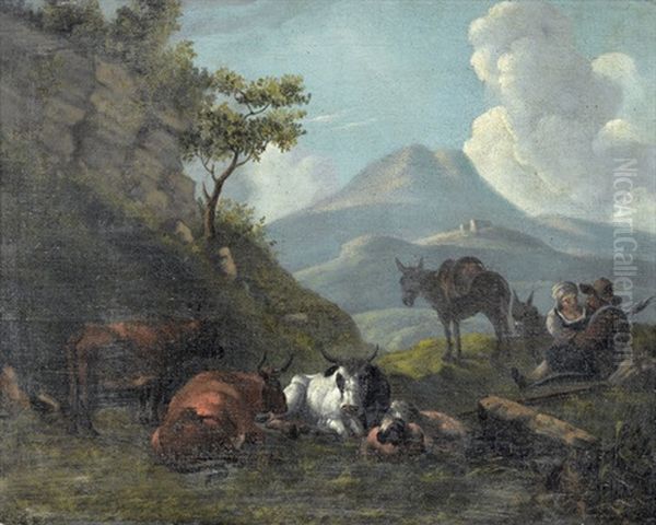 Bauernpaar Mit Tieren In Italienischer Landschaft Oil Painting by Karel Dujardin