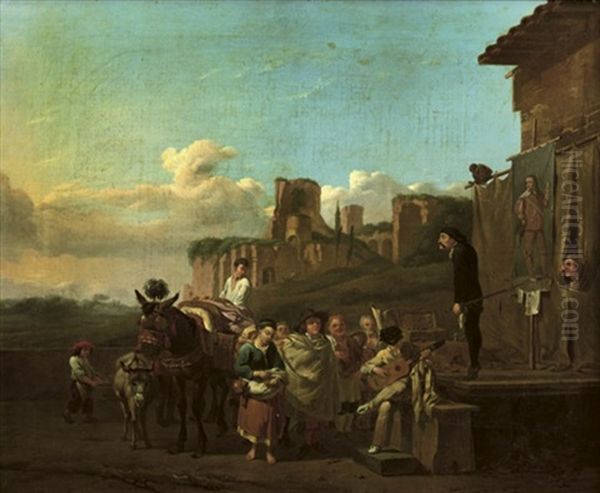 Peasants Gathered Around A Stage To Watch A Comedia Dell'arte Play (+ A Print After The Composition; 2 Works) Oil Painting by Karel Dujardin