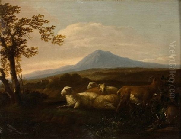 Ruhende Schafe Und Ziegen In Einer Italienischen Landschaft Oil Painting by Karel Dujardin