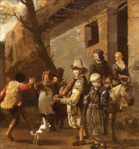 Scene De Kermesse Paysanne Avec Deux Jeune Violinistes Oil Painting by Karel Dujardin