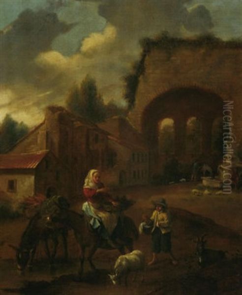 Italienische Landschaft Mit Ruinen, Im Vordergrund Eine Blumenverkauferin Auf Einem Esel Reitend Oil Painting by Karel Dujardin