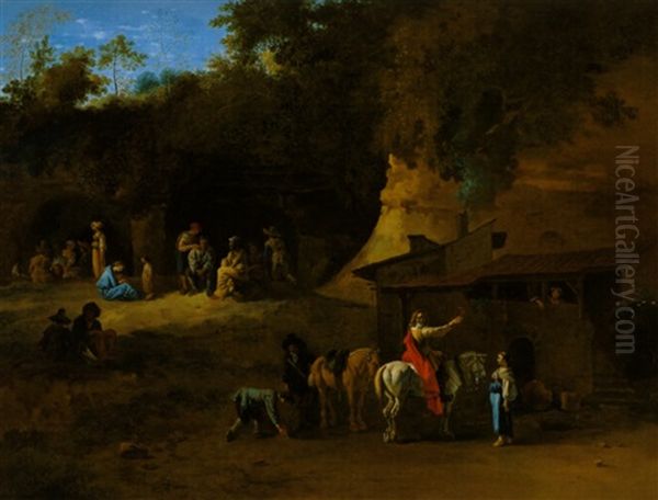 Der Willkommentrunk, Rastende Reiter Vor Einem Bauernhaus Oil Painting by Karel Dujardin