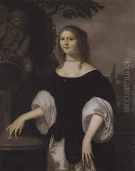 Portrait Of Catharina Van Foreest Wearing A Black Dress And Standing By A Fountain Oil Painting by Karel Dujardin