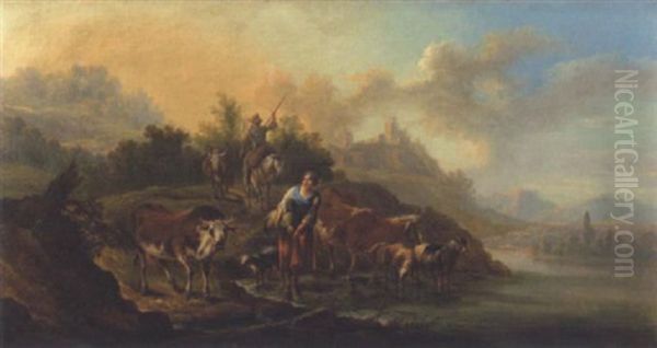 An Italianate River Landscape With A Drover, Cattle, Sheep And A Goat On A Bank, A Hilltop Village Beyond Oil Painting by Karel Dujardin