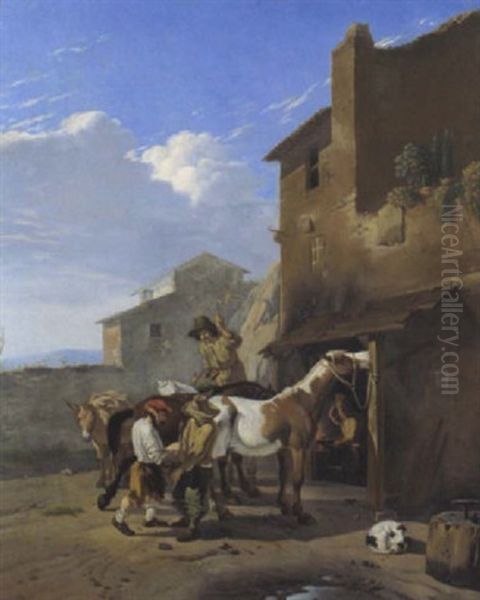 Ein Pferd Vor Einer Hufschmiede Beschlagen Oil Painting by Karel Dujardin