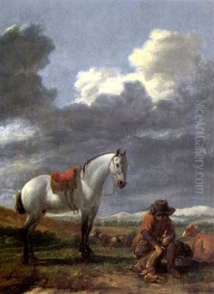 A Peasant With His Catch Of Hares Beside A White Horse And Greyhounds Oil Painting by Karel Dujardin