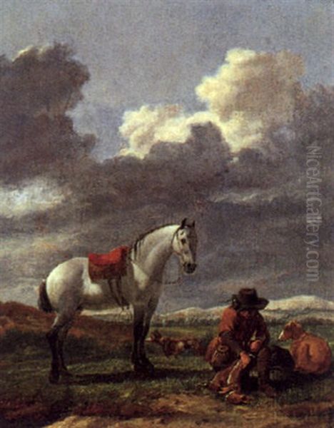 Rastender Jager Mit Seinem Schimmel In Einer Landschaft Oil Painting by Karel Dujardin