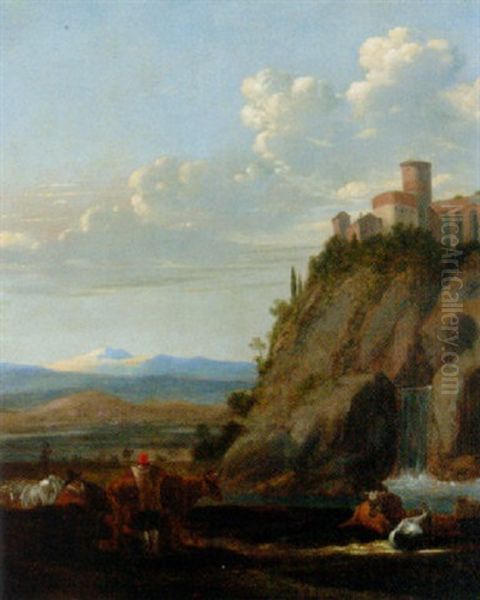 Herdsmen Resting In An Italianate Landscape, A Hilltop Town Beyond by Karel Dujardin