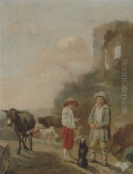 A Landscape With Young Boys Tending Their Animals Before A Set Of Ruins Oil Painting by Karel Dujardin