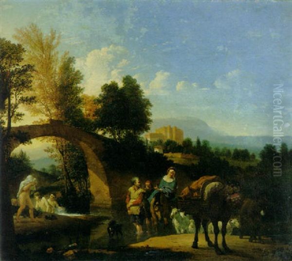 An Italianate Wooded River Landscape With Peasants At A Ford And Bathers By A Bridge, A Castle Beyond Oil Painting by Karel Dujardin