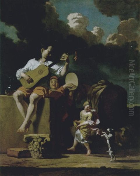 Zingaro Che Suona La Chitarra, Ragazzino Con Un Tamburo, Una Danzatrice Ed Un Cane, In Un Paesaggio Laziale Con Armenti Oil Painting by Karel Dujardin