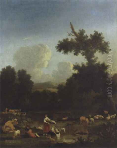 A Wooded Landscape With Women Washing Clothes By A Lake, With Herdsmen, Cattle And Sheep Oil Painting by Karel Dujardin