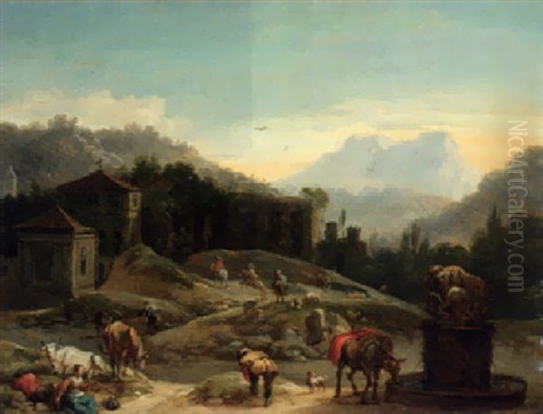 An Italianate Landscape With Travellers And Herdsmen On A Hillside Oil Painting by Karel Dujardin