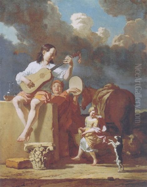 A Gypsy Playing The Guitar And A Boy Playing The Tambourine, While A Girl Dances With A Dog, In An Italianate Landscape Oil Painting by Karel Dujardin