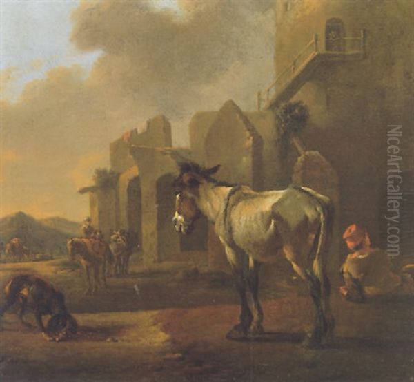 Donkey In A Landscape With Figures And Other Animals Oil Painting by Karel Dujardin