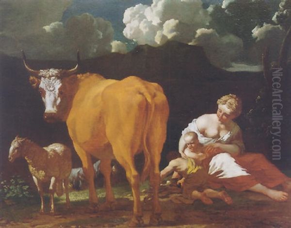 An Italianate Landscape With A Woman And Two Children, A Bull, Sheep And A Dog Oil Painting by Karel Dujardin