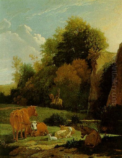 A Pastoral Scene With Cattle, Sheep And A Donkey Resting, A Horseman Beyond Oil Painting by Karel Dujardin