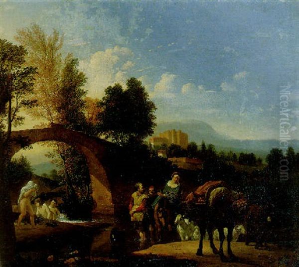 An Italianate Wooded Landscape Wiuth Peasant's At A Ford And Bathers By A Bridge, A Castle Beyond Oil Painting by Karel Dujardin