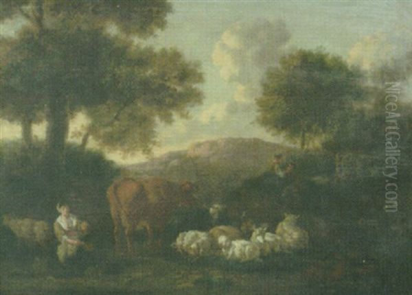 Figures In A Landscape With Cattle And Sheep Oil Painting by Karel Dujardin