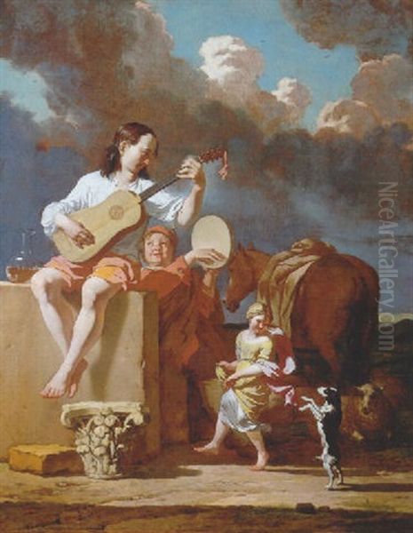 A Gypsy Playing The Guitar And A Boy Playing The Tambourine, While A Girl Dances With A Dog In An Italianate Landscape Oil Painting by Karel Dujardin