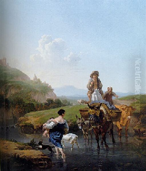 A Landscape With A Woman Carrying Her Infant, A Mule, And A Herdsman On Horseback Oil Painting by Karel Dujardin