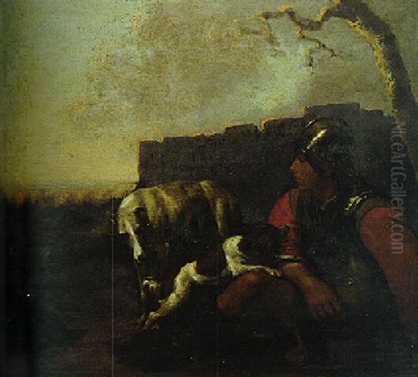 A Young Soldier Seated By A Wooden Fence At Dusk With A Spaniel And Lurcher By His Side Oil Painting by Karel Dujardin