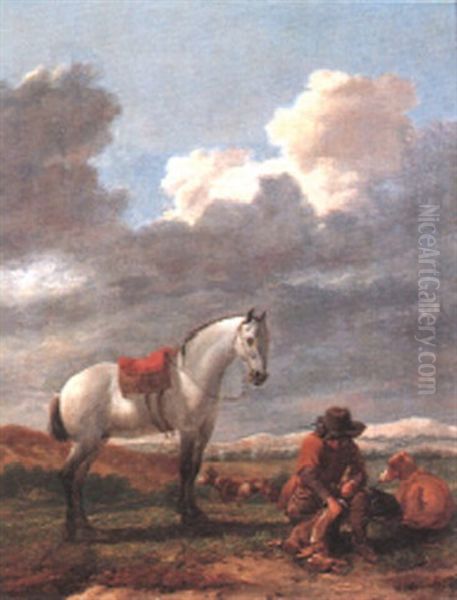 Huntsman With His Catch Of Hares Beside His Horse Oil Painting by Karel Dujardin